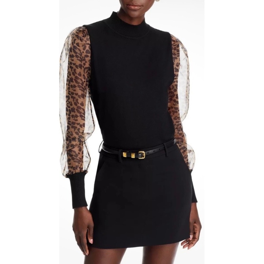 Siani Milano Black Mock Neck Top Sheer‎ Leopard Puff Sleeve Knit Sweater Small